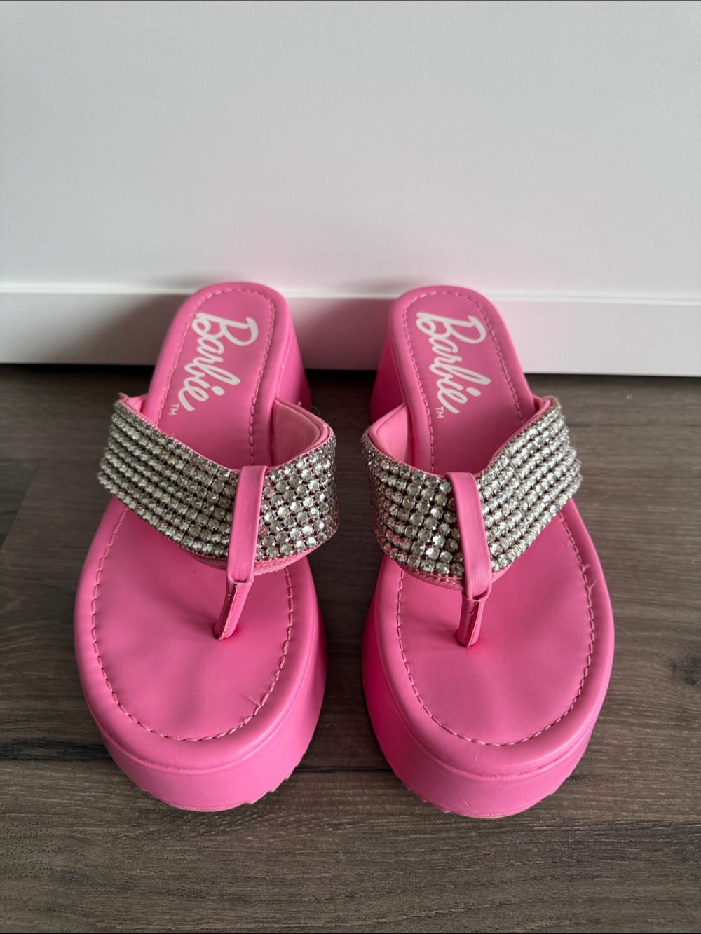 Forever 21 Barbie Pink Rhinestone Platform Flip Flops